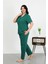 Kadın Büyük Beden Pamuklu Cepli Düğmeli Zümrütyeşili Pijama Takım 2