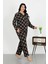 Kadın Büyük Beden Pamuklu Cepli Düğmeli Siyah Pijama Takım 2