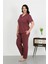 Kadın Büyük Beden Pamuklu Cepli Düğmeli Mor Pijama Takım 3