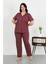 Kadın Büyük Beden Pamuklu Cepli Düğmeli Mor Pijama Takım 4