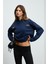 ISROP Kadın Yumuşak Kumaşlı Baskılı Kapüşonlu Lacivert Sweatshirt 3