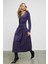 YOKEND Kadın V Yakalı Büzgü Detaylı Esnek Kumaşlı Eteği Poplin Mor Elbise 2