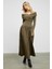 FRUENDO Kadın Asimetrik Yakalı Üstü Esnek Kumaşlı Eteği Poplin Uzun Haki Elbise 3