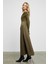 FRUENDO Kadın Asimetrik Yakalı Üstü Esnek Kumaşlı Eteği Poplin Uzun Haki Elbise 6
