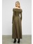 FRUENDO Kadın Asimetrik Yakalı Üstü Esnek Kumaşlı Eteği Poplin Uzun Haki Elbise 7