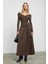 FRUENDO Kadın Asimetrik Yakalı Üstü Esnek Kumaşlı Eteği Poplin Uzun Kahverengi Elbise 1