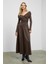 FRUENDO Kadın Asimetrik Yakalı Üstü Esnek Kumaşlı Eteği Poplin Uzun Kahverengi Elbise 6