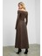 FRUENDO Kadın Asimetrik Yakalı Üstü Esnek Kumaşlı Eteği Poplin Uzun Kahverengi Elbise 7