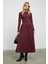 PANI Kadın Maxi Boy Etek Kısmı Dokuma Poplin Kloş Üst Kısmı Esnek Viskon Elastan Şık Bordo Elbise 3