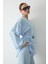 Mavi Pamuklu Düğme Detaylı Kemerli Keten Kimono 7