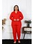 Kadın Büyük Beden Pamuklu Cepli Düğmeli Kırmızı Pijama Takım 2