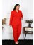 Kadın Büyük Beden Pamuklu Cepli Düğmeli Kırmızı Pijama Takım 4