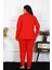 Kadın Büyük Beden Pamuklu Cepli Düğmeli Kırmızı Pijama Takım 5