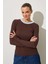 Kahverengi Boyundan Şerit Detaylı Uzun Kollu Triko Bluz 2
