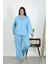 Kadın Büyük Beden Pamuklu Cepli Düğmeli Mavi Pijama Takım 1