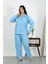 Kadın Büyük Beden Pamuklu Cepli Düğmeli Mavi Pijama Takım 3