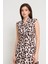 Krem - Acı Kahve Kolsuz Yaka ve Bel Detaylı Leopar Desenli Midi Boy Elbise 2