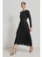 Siyah Belden Kemer ve Etekte Asimetrik Detaylı Uzun Kollu Midi Boy Elbise 3