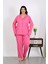 Kadın Büyük Beden Pamuklu Cepli Düğmeli Pembe Pijama Takım 1