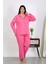 Kadın Büyük Beden Pamuklu Cepli Düğmeli Pembe Pijama Takım 4