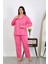 Kadın Büyük Beden Pamuklu Cepli Düğmeli Pembe Pijama Takım 5