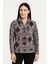 Kadın Yarım Fermuarlı Desenli Polar Sweat Tribal Etnik Desen Yakalı, Uzun Kollu, Oversize Rahat Kalıp - Füme 1