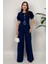 Firenze Kadın Düğmeli Kemer Detaylı Bol Paça Lacivert Tulum – Zarif Akşam Şıklığı 3