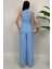 Crimson Icon Kadın Kemer Detaylı Askılı Bol Paça Mavi Günlük Rahat Tulum 5