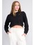 K26 24K100-1 Sıyah Kadın O Yaka 3 Ip Sardonsuz Crop Sweat 2