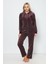Kapüşonlu Bordo Nakış Detaylı Fermuarlı Uzun Kollu Pamuklu Kadife Kadın Alt-Üst Eşofman Takımın 1