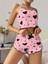 Pamuklu Pembe Üstüne Siyah Kalp Desenli Askılı Fitilli Şortlu Pijama Takımı 2