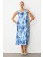 Batik Desenli Sırt Detay Elbise-Indigo 3