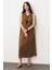 Keten Görünümlü Kolsuz Midi Elbise-Kahve 1