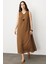 Keten Görünümlü Kolsuz Midi Elbise-Kahve 3
