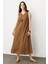 Keten Görünümlü Kolsuz Midi Elbise-Kahve 4