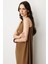 Keten Görünümlü Kolsuz Midi Elbise-Kahve 5