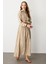 Işleme Detay Kuşaklı Uzun Elbise-Bej 2