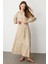 Işleme Detay Kuşaklı Uzun Elbise-Bej 4