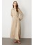Işleme Detay Kuşaklı Uzun Elbise-Bej 5