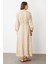 Işleme Detay Kuşaklı Uzun Elbise-Bej 7