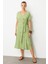 Kruvaze Yaka Keten Görünümlü Elbise-Yeşil 2
