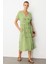 Kruvaze Yaka Keten Görünümlü Elbise-Yeşil 4