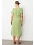 Kruvaze Yaka Keten Görünümlü Elbise-Yeşil 7