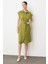 Keten Görünümlü Kuşaklı Elbise-Yeşil 1