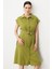 Keten Görünümlü Kuşaklı Elbise-Yeşil 6