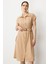 Keten Görünümlü Kuşaklı Elbise-Camel 2