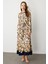 Keten Görünümlü Desenli Uzun Elbise-Lacı 1