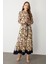 Keten Görünümlü Desenli Uzun Elbise-Lacı 3