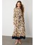 Keten Görünümlü Desenli Uzun Elbise-Lacı 4