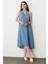 Kolsuz V Yaka Rahat Kesim Elbise-Mavi 1